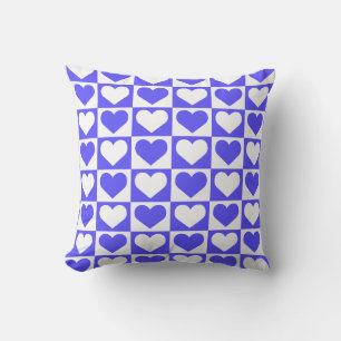 Checkboard Hearts Pattern - Blue and White  Throw Pillow