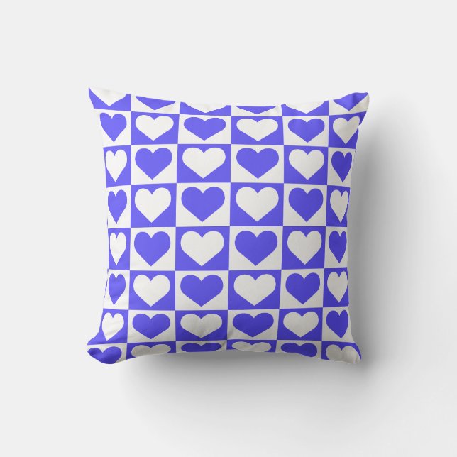 Checkboard Hearts Pattern - Blue and White  Throw Pillow (Front)