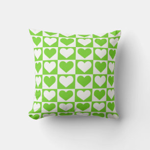 Checkboard Hearts Pattern - Green and White  Throw Pillow