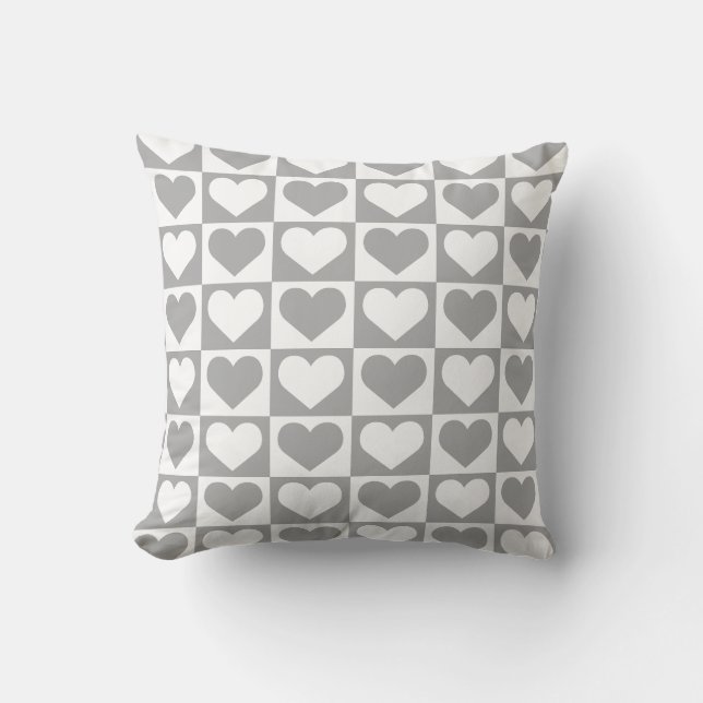 Checkboard Hearts Pattern - Grey and White  Throw Pillow (Front)