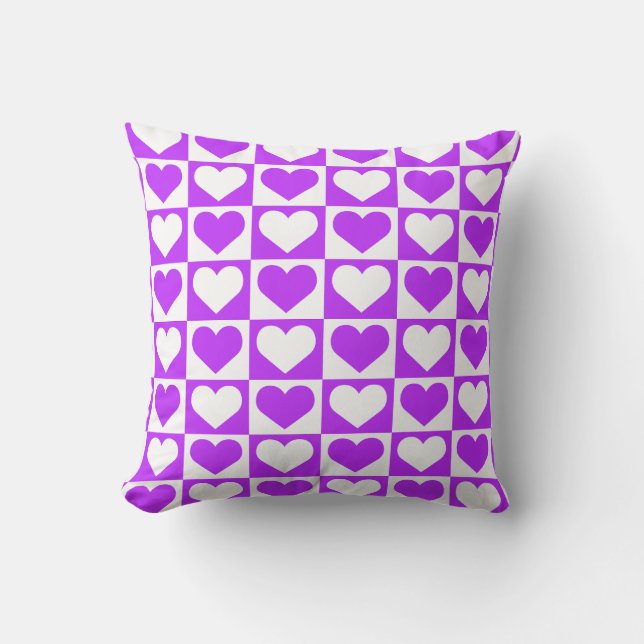 Checkboard Hearts Pattern - Purple and White  Throw Pillow (Front)