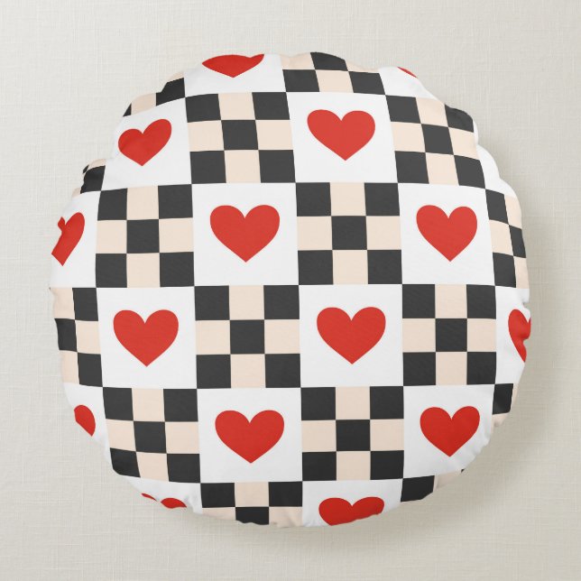 Checkboard Hearts Round Pillow (Front)