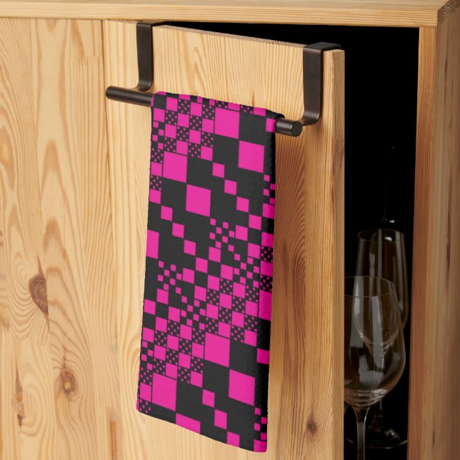 Checked, Checks - Magenta and Black  Kitchen Towel (Thirds Fold)