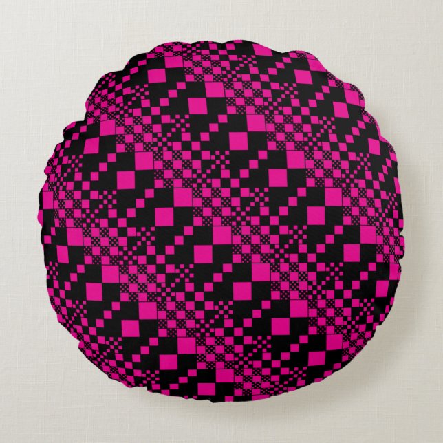 Checked, Checks - Magenta and Black Round Pillow (Front)
