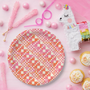 Checked, Checks - Pink, Orange and Cream Paper Plate