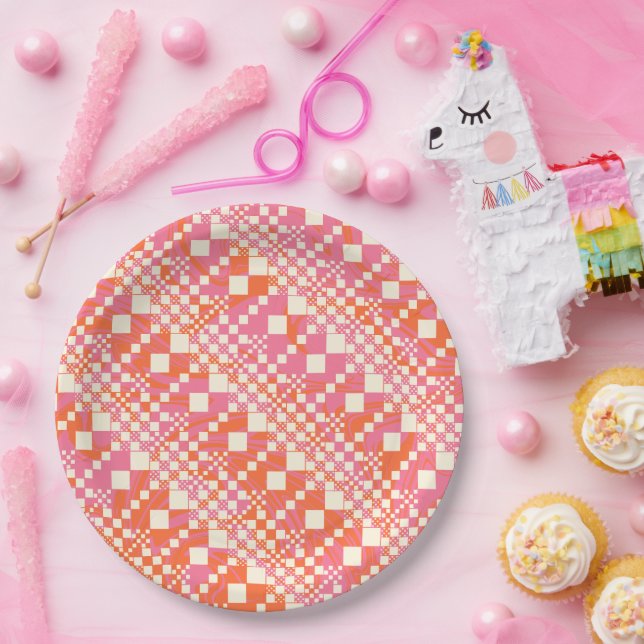 Checked, Checks - Pink, Orange and Cream Paper Plate (Party)