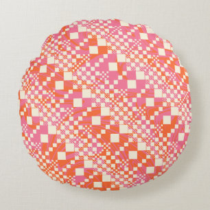 Checked, Checks - Pink, Orange and Cream Round Pillow