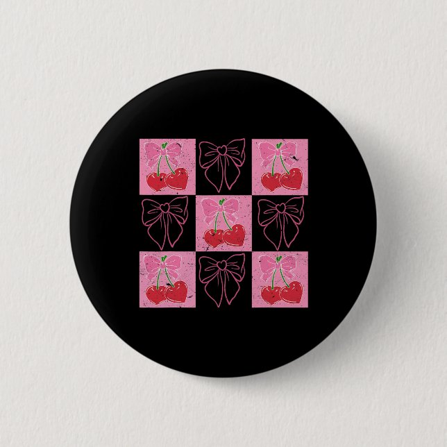 Checked Cherry Coquette Bow Ribbon Pink Valentine  2 Inch Round Button (Front)