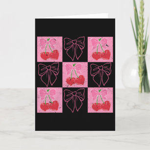 Checked Cherry Coquette Bow Ribbon Pink Valentine  Card