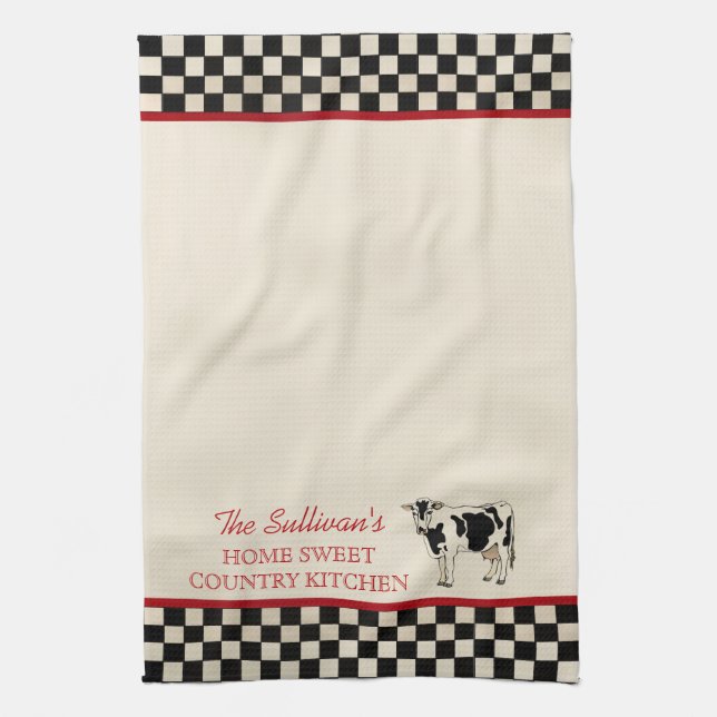 Checked Country Cow Personalized Kitchen Towels (Vertical)