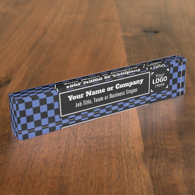 Checked Medium Blue & Black: Modern Business Style Nameplate (Side)
