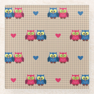 Checked pattern with love owls glass coaster
