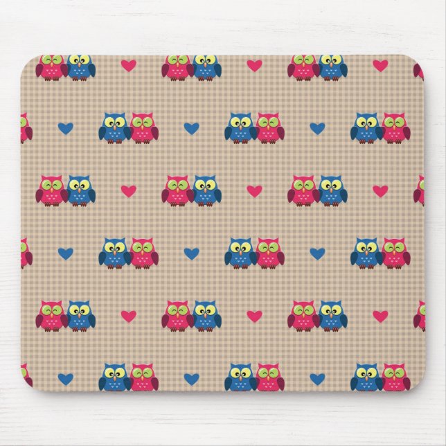 Checked pattern with love owls mouse pad (Front)