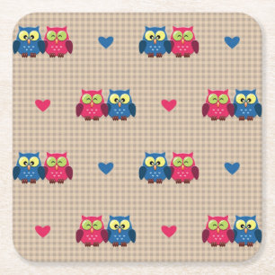 Checked pattern with love owls square paper coaster