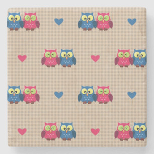 Checked pattern with love owls stone coaster