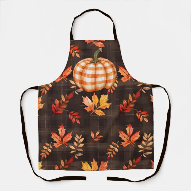 Checked Pumpkin on Fall Leaves Apron (Front)