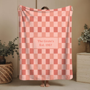 Checked Rose Terracotta Sherpa Blanket Family Name