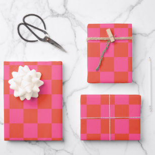 Checkerboard Checkered Pattern in Pink and Orange  Wrapping Paper Sheet