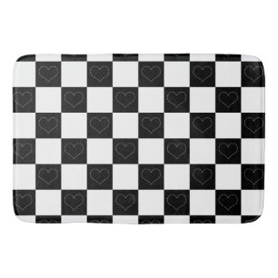 Checkerboard Hearts in Black and White Bath Mat