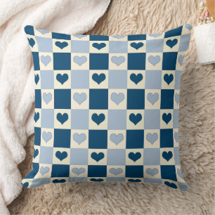 Checkerboard Hearts in Dark Blue, Light Blue, and  Throw Pillow