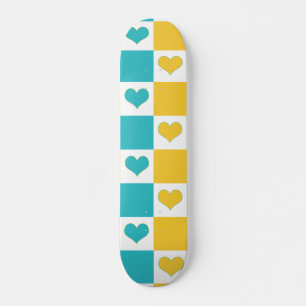 Checkerboard Hearts in Turquoise and Yellow Skateboard