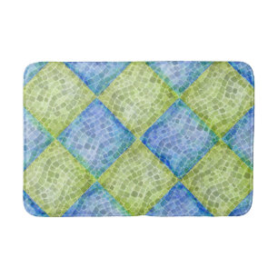 Checkerboard Mosaic Waves in Green and Blue Bath Mat