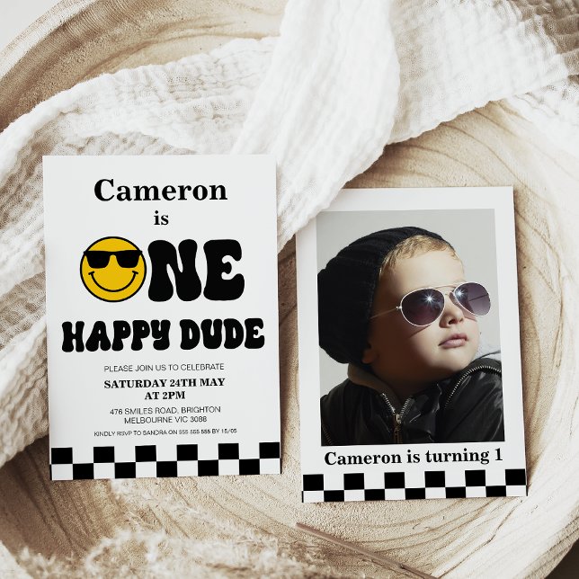 Checkerboard Photo One Happy Dude 1st Birthday Invitation (One happy dude 1st birthday invitation featuring retro text, checkerboard, yellow face and a photo)
