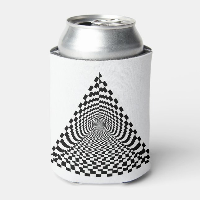 Checkerboard Pyramid Space Black and White Can Cooler (Can Front)