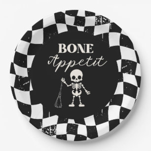 Checkerboard Retro Bad To The Bones Halloween Paper Plate