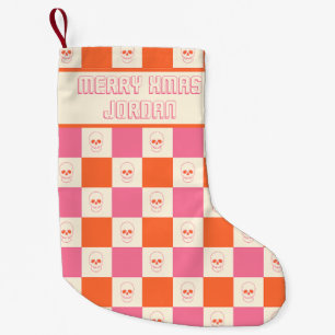 Checkerboard Skulls in Pink, Orange, & Cream Small Christmas Stocking