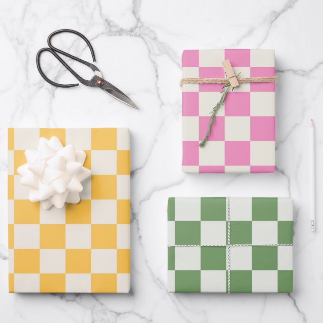 Checkerboard Yellow Pink Green Preppy Retro Fun Wrapping Paper Sheet (Front)