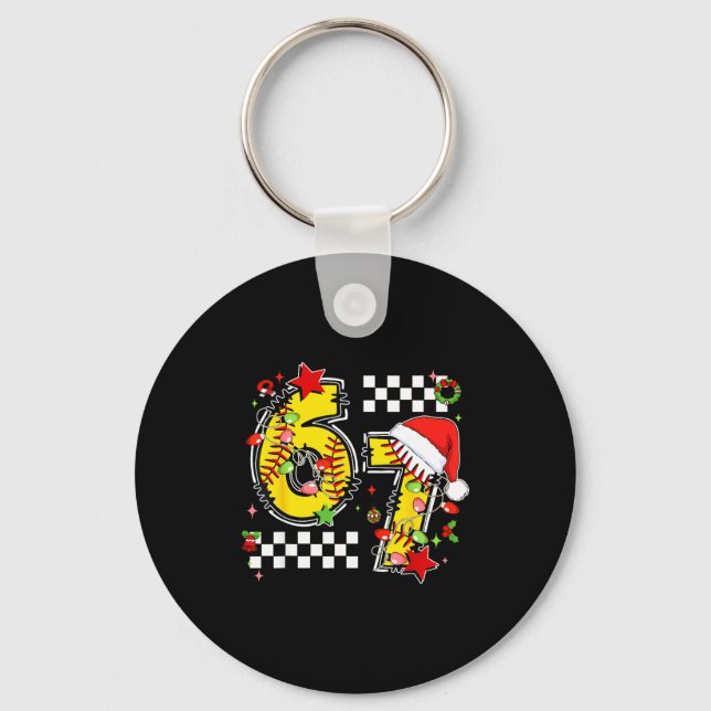 Checkered 67 Softball Santa Hat Christmas Six Seve Keychain (Front)
