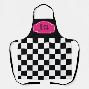 Checkered black and white hot pink label apron