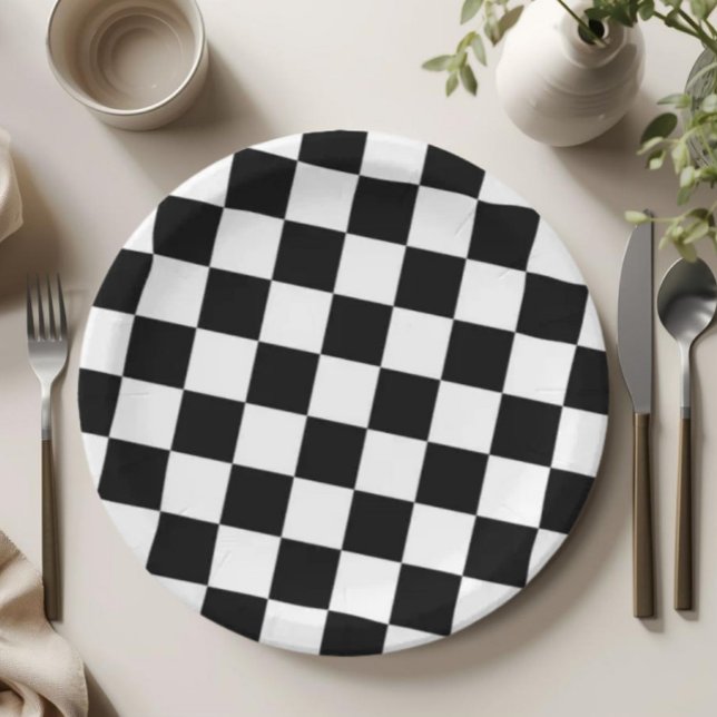 Checkered Black and White Pattern Birthday Party Paper Plate (Checkered Black and White Plate, Black and White Party Decor, Checkered Party Plates, Two Cool Party)