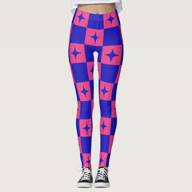 Checkered Blue & Pink Tile With Sparkles Pattern Leggings (Front)
