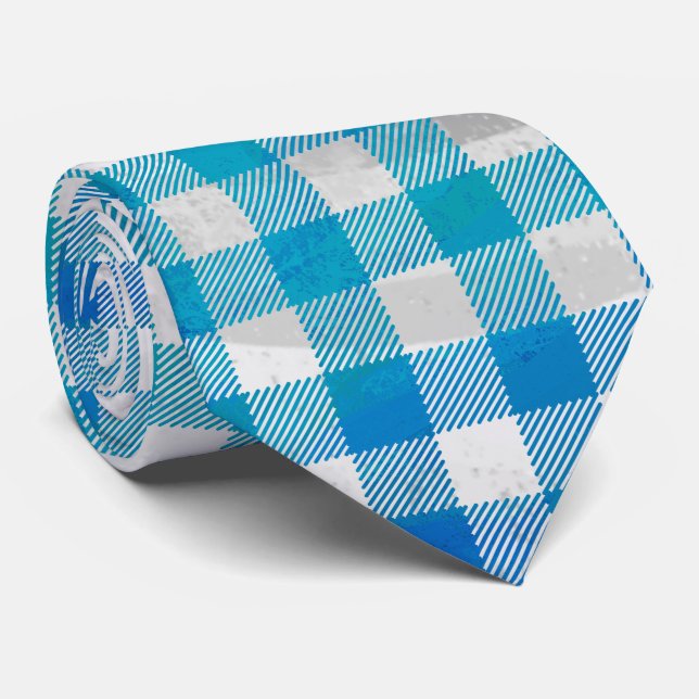 Checkered Buffalo Plaid Blue and White Tie (Rolled)