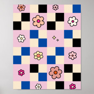 Checkered Flower Colorful Check Pattern Pink Blue Poster