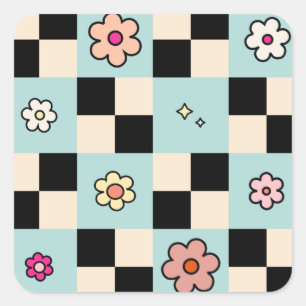 Checkered Flower Pattern Mint Retro Check Square Sticker