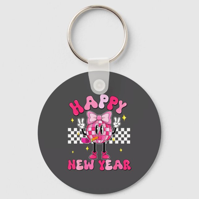 Checkered Happy New Year 2026 Disco Ball New Year  Keychain (Front)
