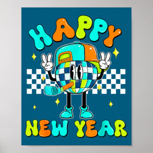 Checkered Happy New Year 2026 Disco Ball New Year Poster