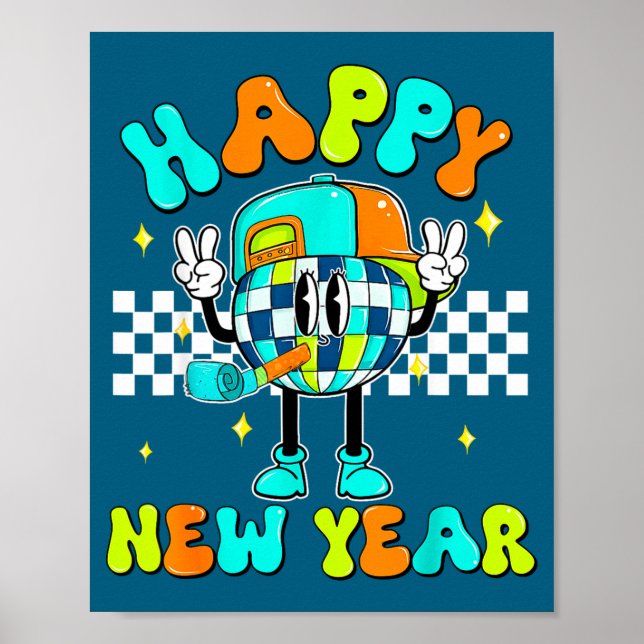 Checkered Happy New Year 2026 Disco Ball New Year  Poster (Front)