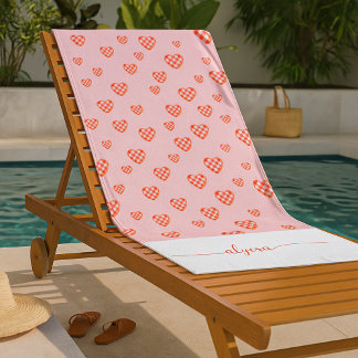 Checkered Heart Valentine Conquette Script Name Beach Towel