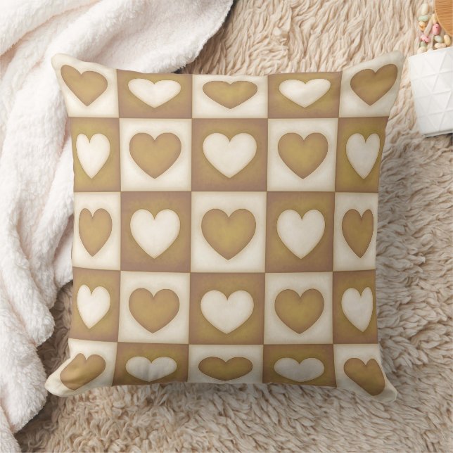 Checkered Hearts in Blond Cream Throw Pillow (Blanket)