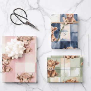 Checkered Highland Cow pink green blue Gift Wrap