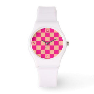 Checkered hot pink peach geometric retro w numbers watch
