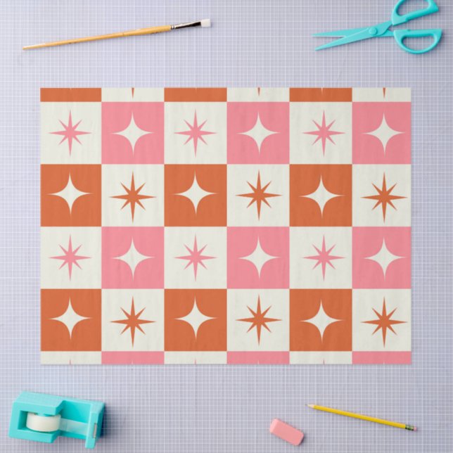 Checkered Mid Century Atomic Stars Pink Orange  Tissue Paper (Craft)