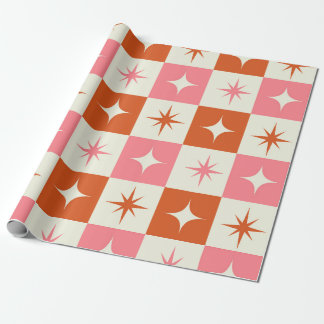 Checkered Mid Century Atomic Stars Pink Orange Wrapping Paper