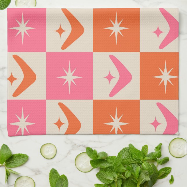 Checkered Mid Century Boomerangs pink and orange  Kitchen Towel (Folded)