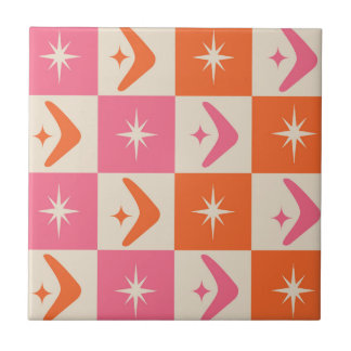 Checkered Mid Century Boomerangs pink and orange  Tile