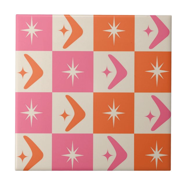 Checkered Mid Century Boomerangs pink and orange  Tile (Front)